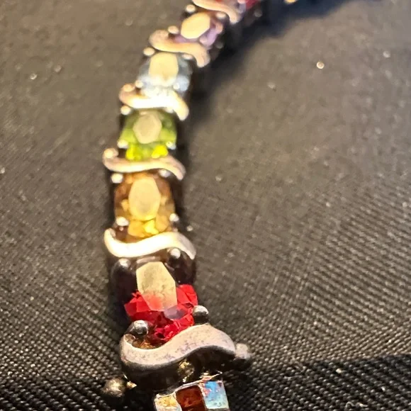 Vintage 925 Sterling Silver Multi Gemstone Rainbow Tennis Bracelet Thailand - Picture 8 of 11
